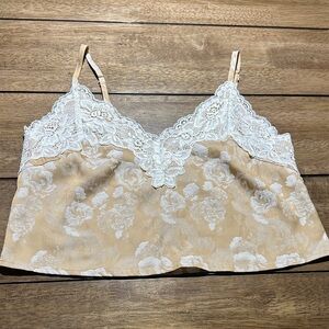 Lace Trim Floral Satin Cami - Beige & White Crop  Top